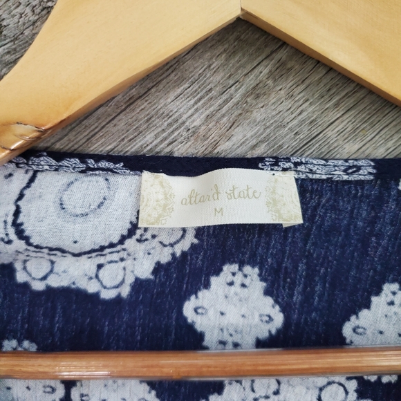 Altar'd State Medallion Faux Wrap Boho Top with Laced Sleeve in Navy. - Picture 5 of 9